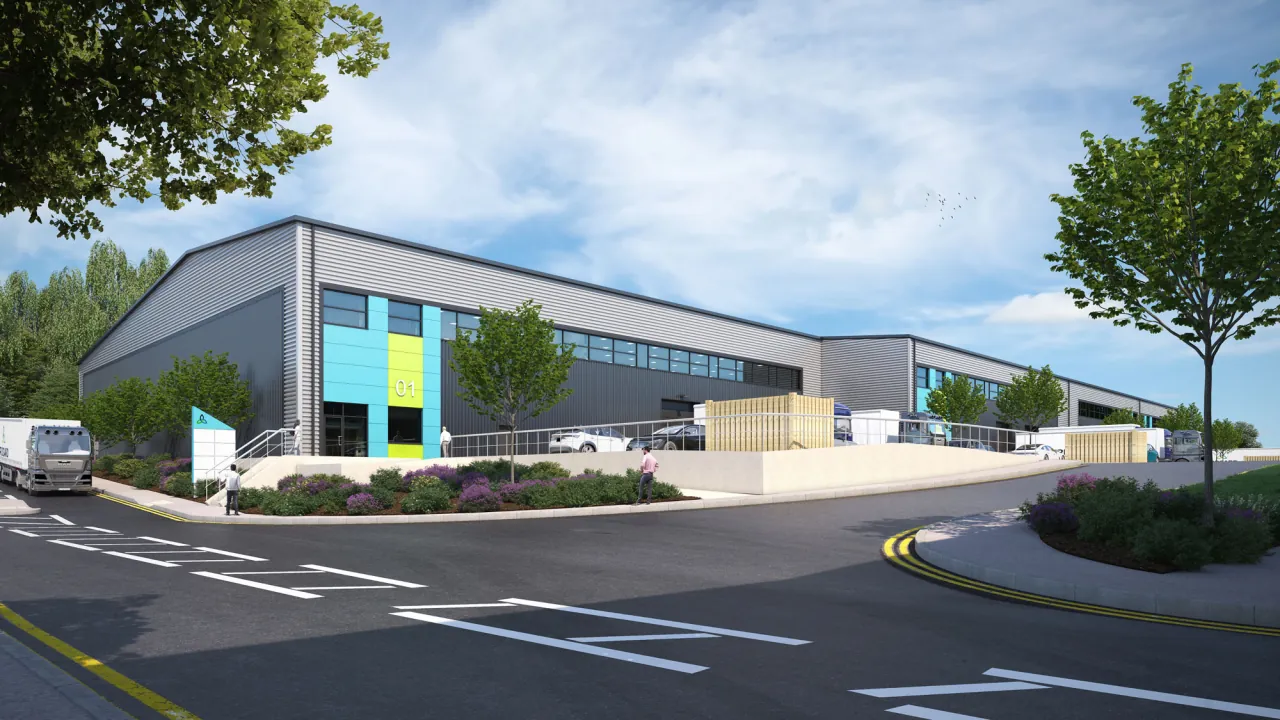 CGI of Central Point Unit 1, with its glazed first floor offices, landscaping and service road