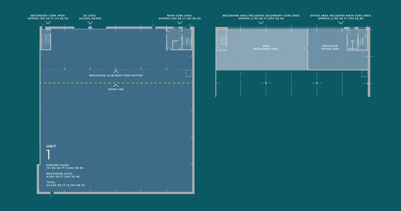 Unit 1 floor plans: ground floor and mezzanine / office level