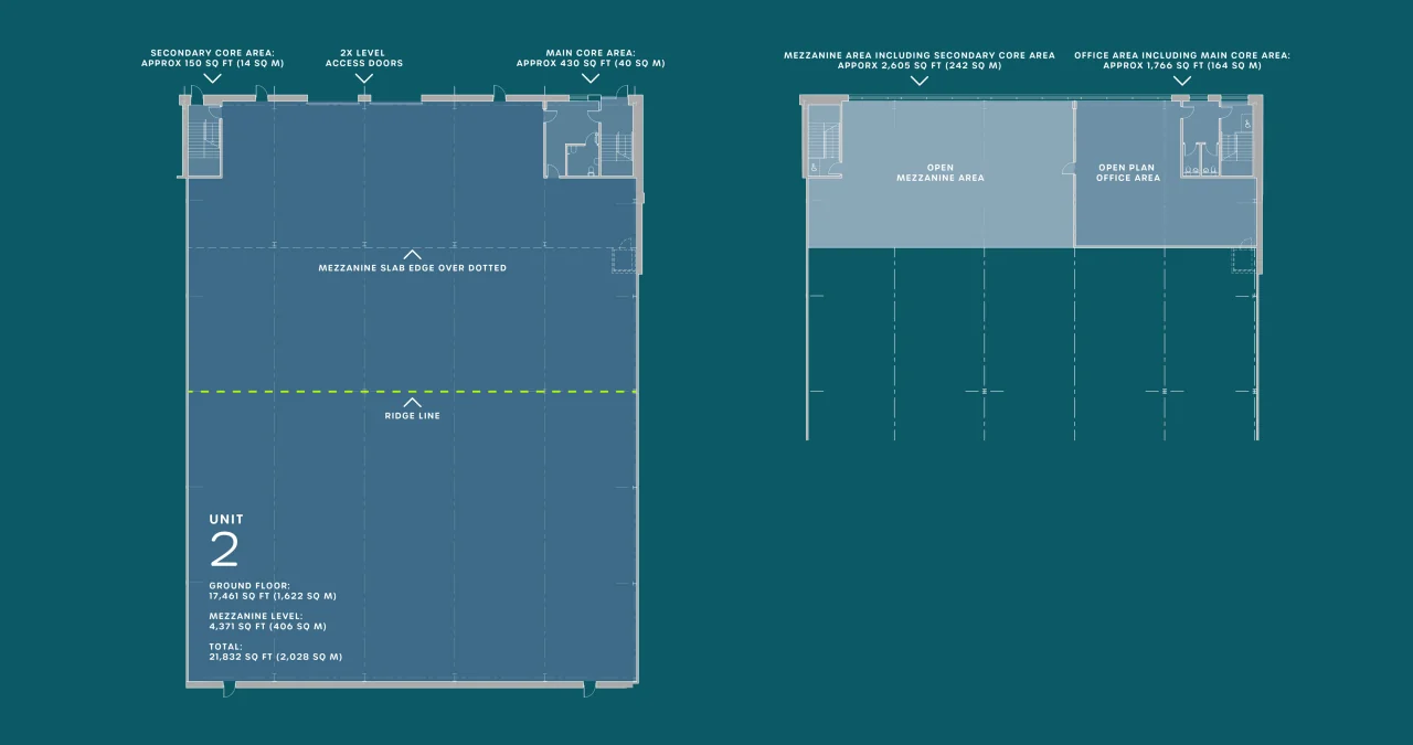 Unit 2 floor plans: ground floor and mezzanine / office level