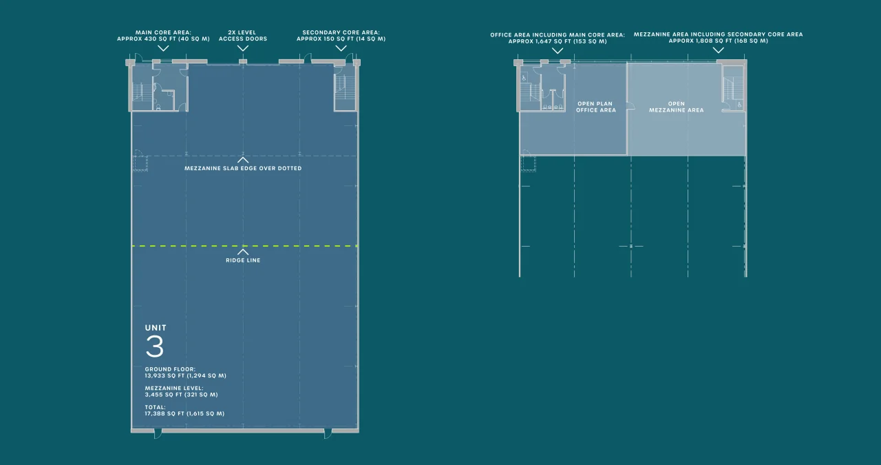 Unit 3 floor plans: ground floor and mezzanine / office level