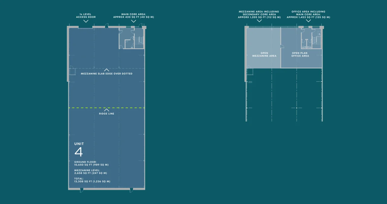 Unit 4 floor plans: ground floor and mezzanine / office level