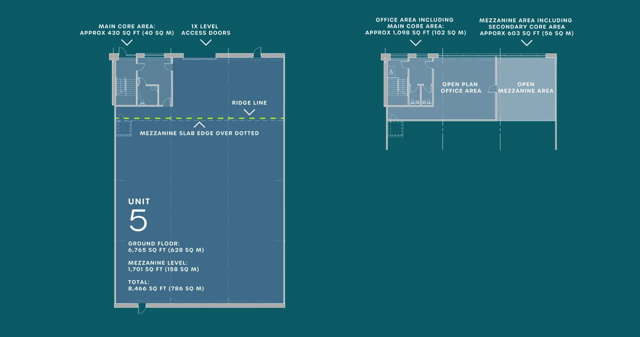 Unit 5 floor plans: ground floor and mezzanine / office level
