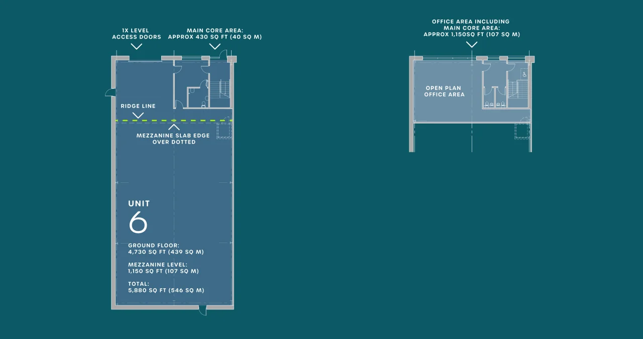 Unit 6 floor plans: ground floor and mezzanine / office level