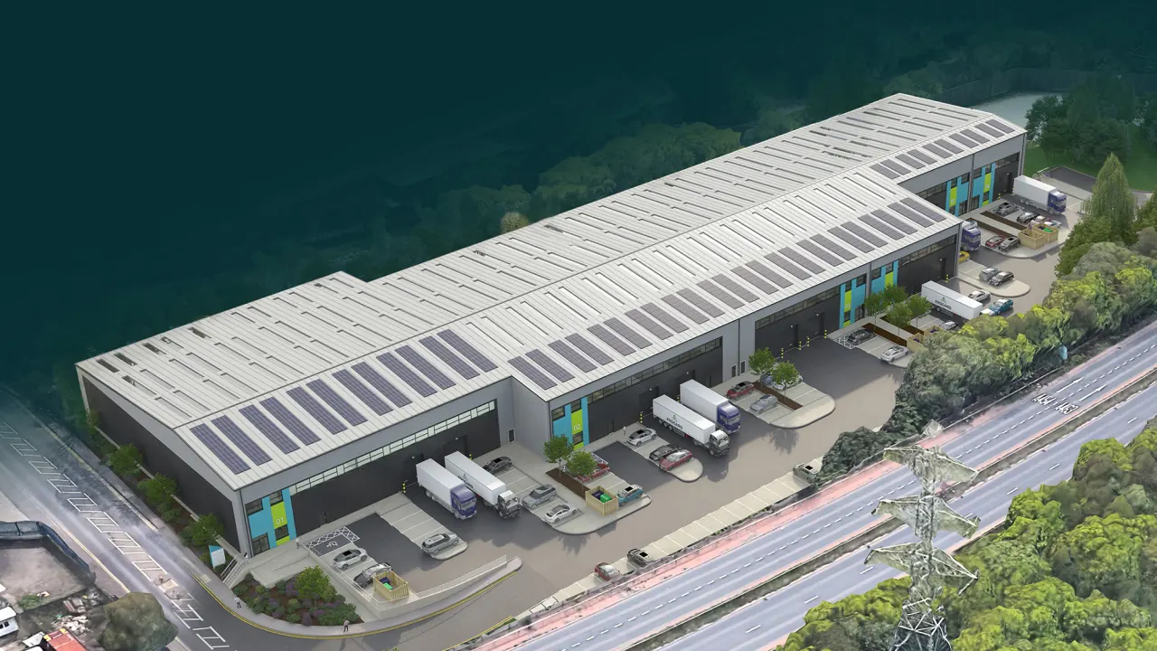 CGI aerial view of Central Point: six warehouse units beside the A454 Black Country Route, Walsall
