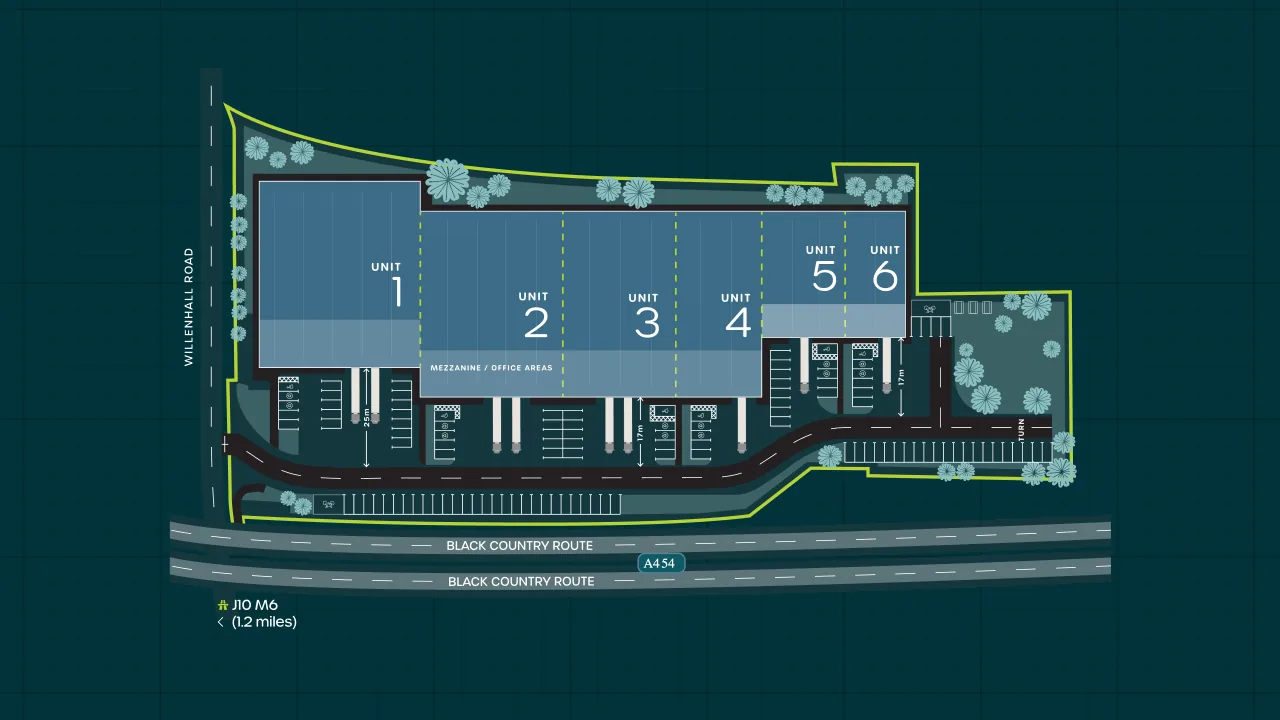Central Point site plan: units 1 to 6 between Willenhall Road and the A454 Black Country Route
